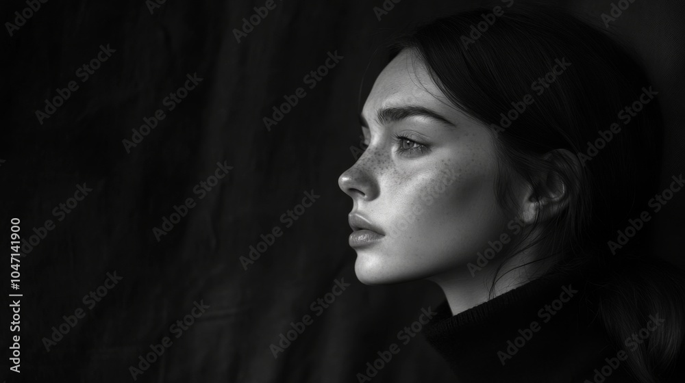 A Close-Up Black and White Portrait of a Woman with Freckles Looking Away