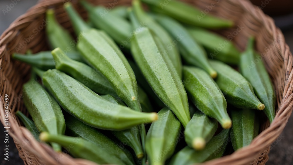 Freshly picked green okra pods in a rustic basket Freshly picked green okra pods in a rustic basket