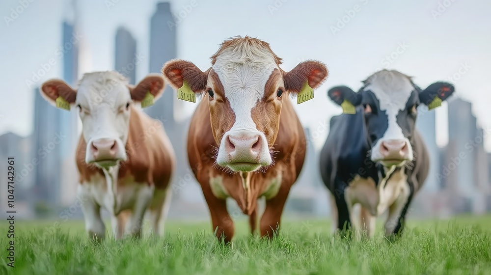 Three Cows Grazing in Green Field with City Skyline in Background Three Cows Grazing in Green Field with City Skyline in Background