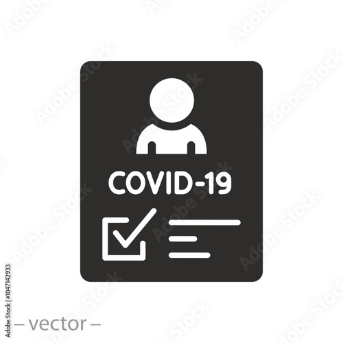 medical card or passport for travel in time pandemic, vaccine passport icon, vaccination certificate against covid-19 with check mark, flat symbol on white background