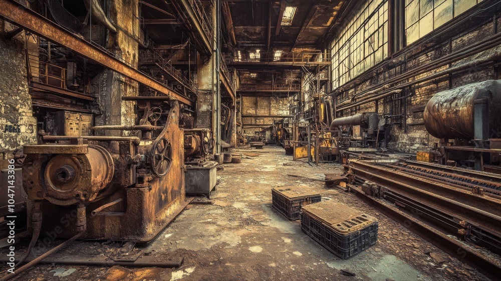 Abandoned Industrial Building with Rusty Machinery and Exposed Brick Walls Abandoned Industrial Building with Rusty Machinery and Exposed Brick Walls