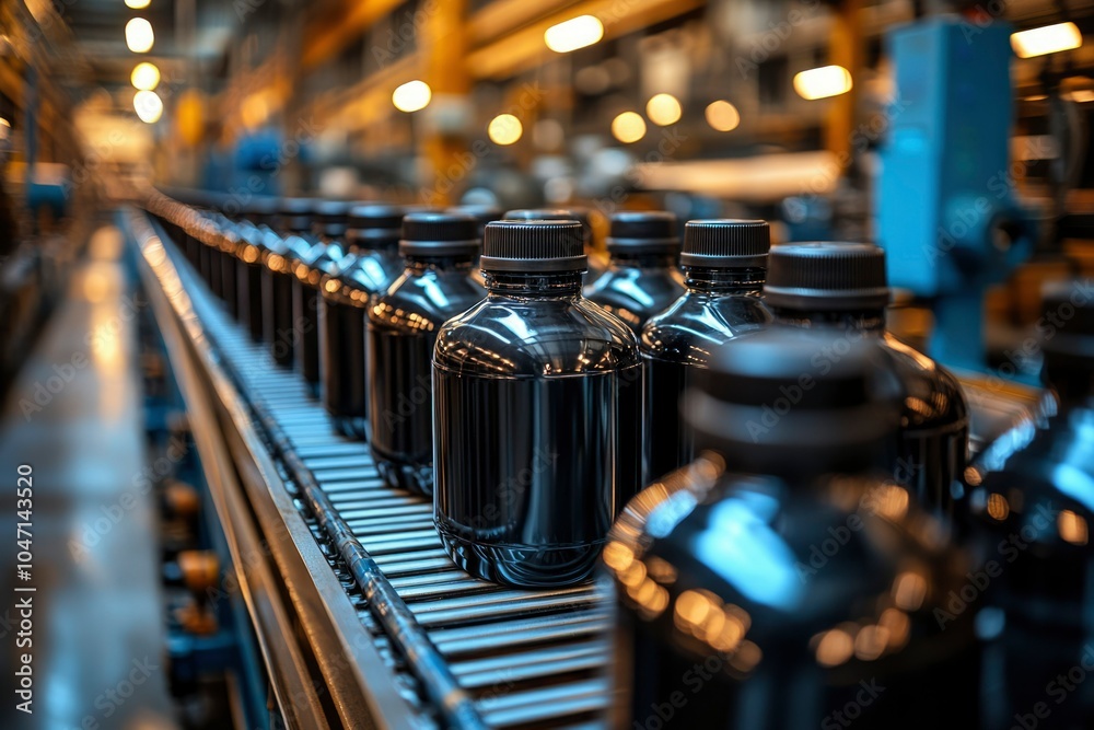 Black Bottles Moving on Conveyor Belt in Factory Setting Black Bottles Moving on Conveyor Belt in Factory Setting