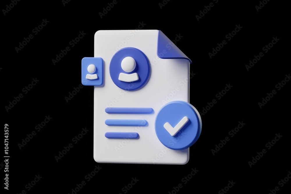 3D document with profile icon and checkmark for completion. 3D document with profile icon and checkmark for completion.
