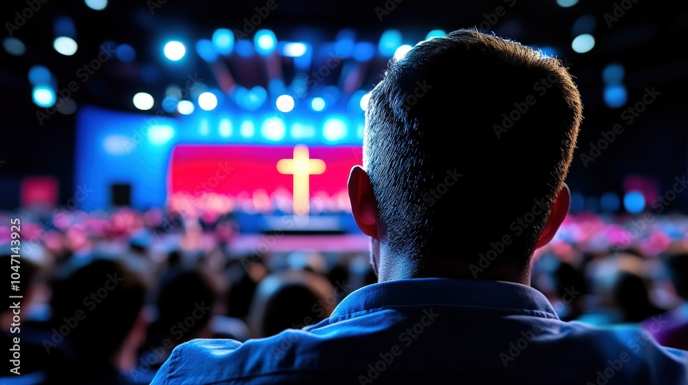 Man Praying in Church with Cross and Congregation in Background Man Praying in Church with Cross and Congregation in Background