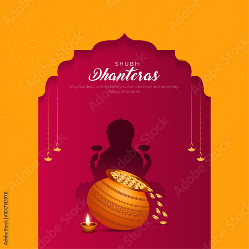 Happy Dhanteras Greeting Card and Post background. Celebration of ganpati and laxmi puja vector illustration.