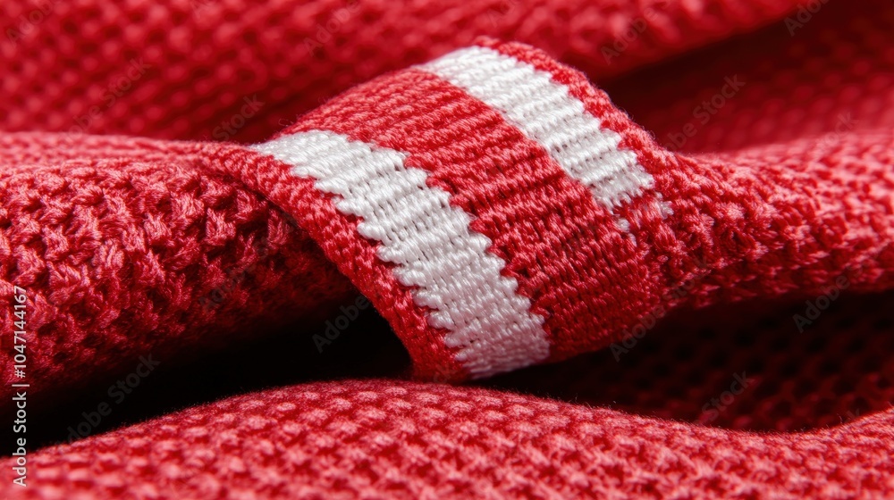 Red Knitted Fabric with White Stripe Close Up Texture Background Red Knitted Fabric with White Stripe Close Up Texture Background