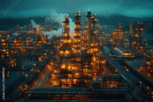 Wallpaper Mural Illuminated Industrial Complex at Night with Smoke and Water Reflections Torontodigital.ca