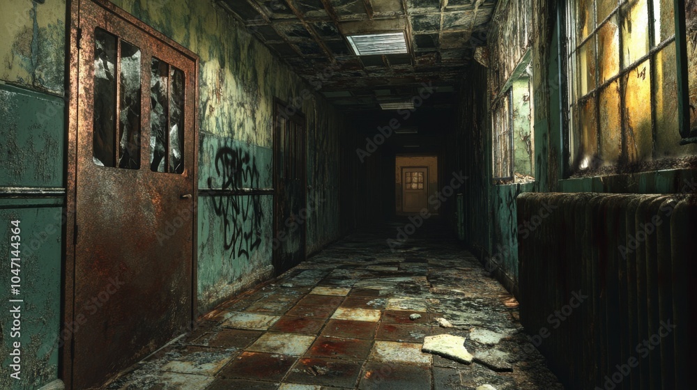 A Dark and Decaying Hallway in an Abandoned Building A Dark and Decaying Hallway in an Abandoned Building