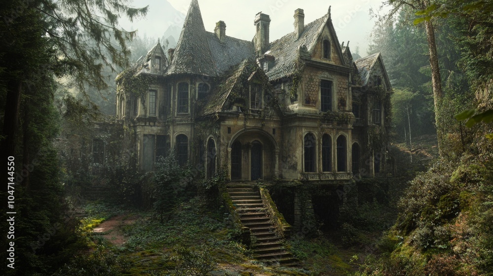 Overgrown Stone Mansion in a Foggy Forest Overgrown Stone Mansion in a Foggy Forest