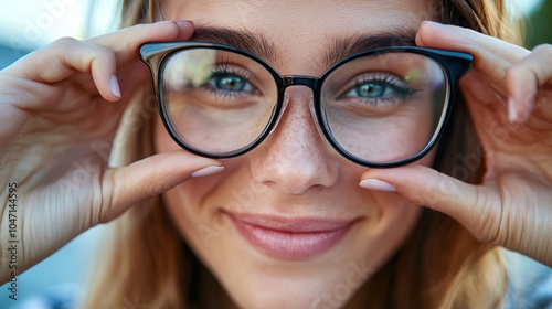 Mature woman wears eyeglasses looking at camera through joined fingers showing heart symbol, close up. Advertises eyewear store, laser vision correction, health check-up, cardio vitamins, sign of love photo