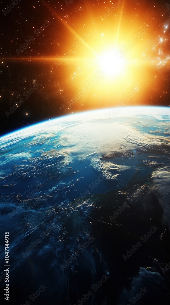 The sun is shining on the Earth, making it look like a beautiful