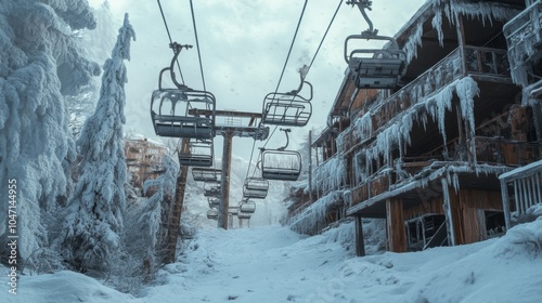 Abandoned Ski Lift Station Covered in Snow and Ice