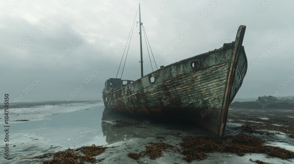A Rusted Shipwreck on a Foggy Beach A Rusted Shipwreck on a Foggy Beach