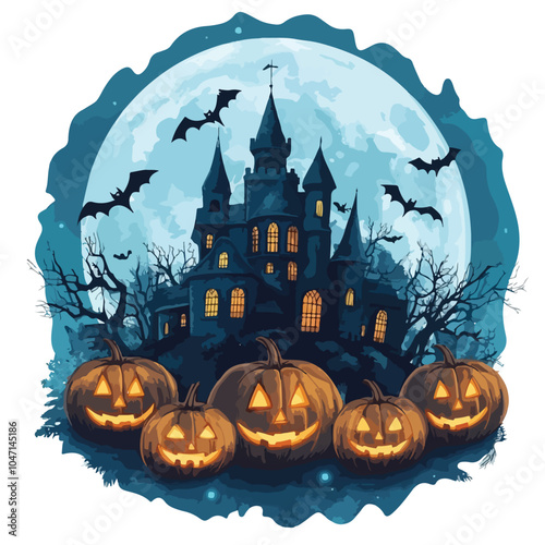 Spooky Halloween Pumpkins and Dark Castle on Blue Moon