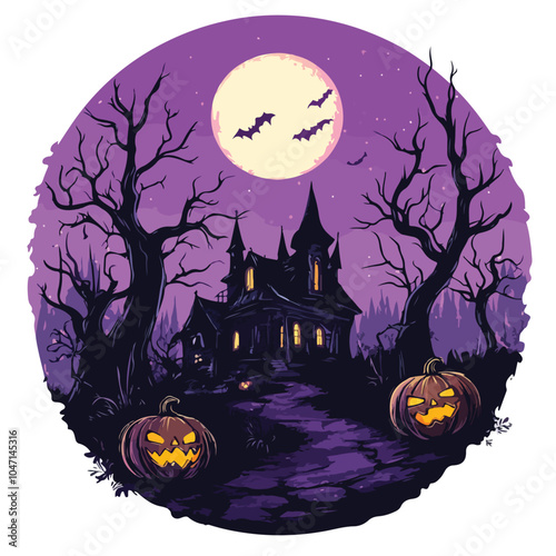 Spooky Halloween Pumpkins, Trees, Haunted House - Dark and Eerie Night Scene