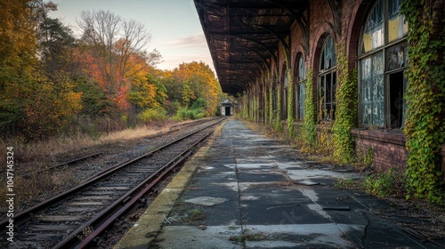 Abandoned Train Station Platform with Overgrown Vines and Tracks