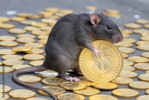 A gray rat holding a gold dollar coin amidst a sea of coins. photo