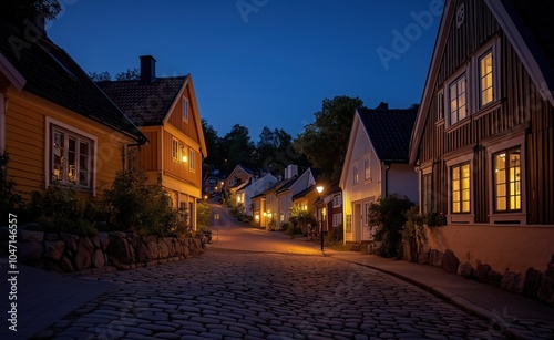 A cobblestone street with houses on either side photo