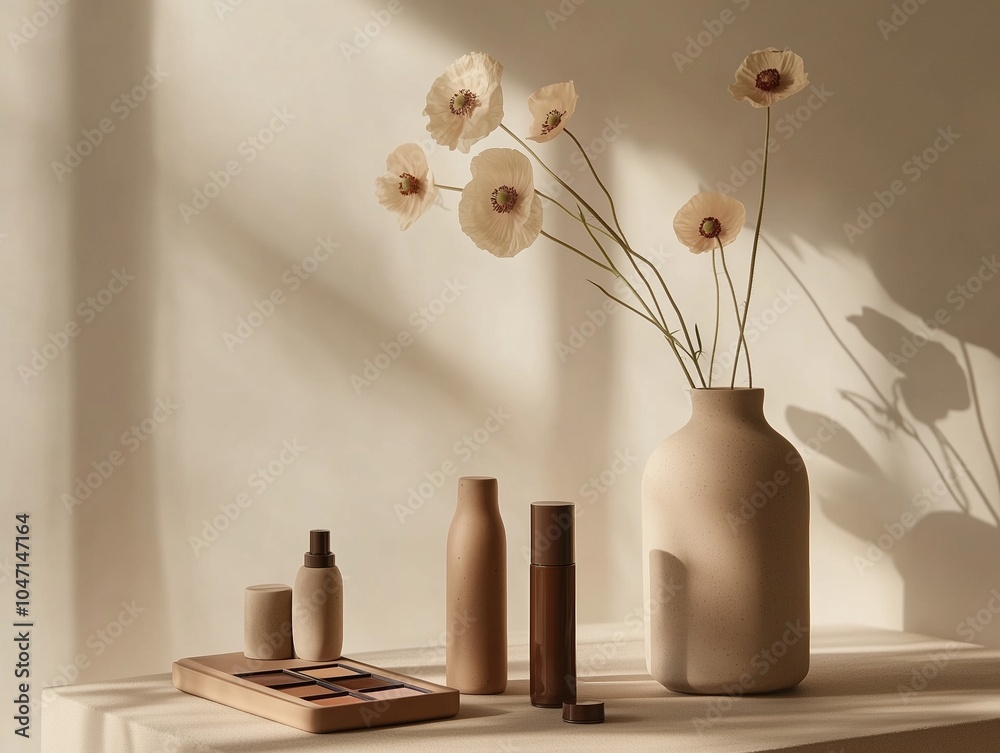 A vase of flowers sits on a table next to a makeup kit and a bottle of perfume A vase of flowers sits on a table next to a makeup kit and a bottle of perfume