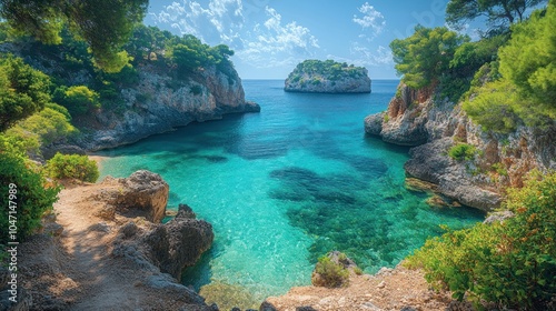 Serene coastal landscape with turquoise waters and lush greenery.