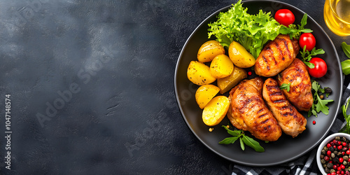 renowed french dish coq au vin potatoes on black plate with copy space photo