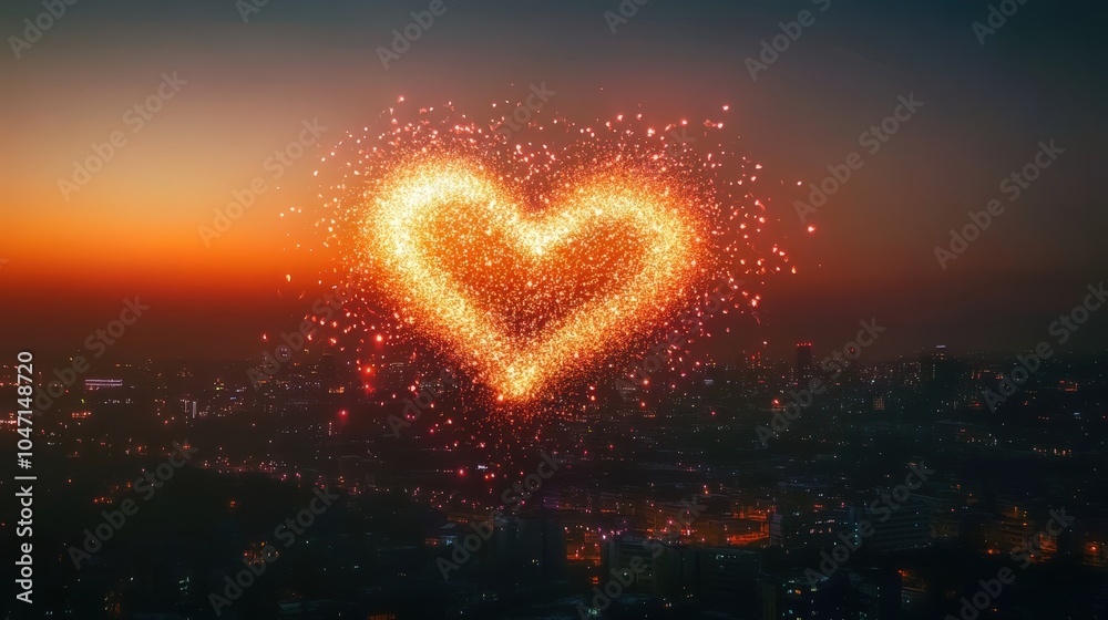 Vibrant heart-shaped fireworks display over a city skyline at night Vibrant heart-shaped fireworks display over a city skyline at night