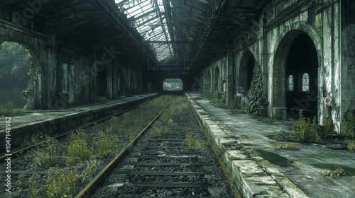 Overgrown Train Station Platform with Tracks and Arches