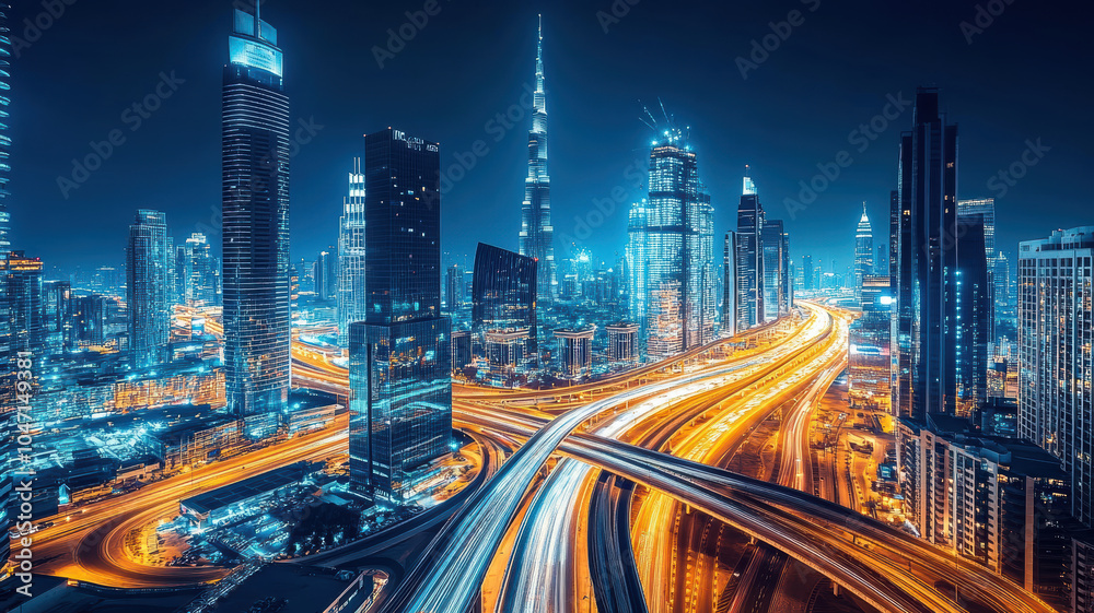Naklejka premium Cars on the highway with blue and yellow light trails
