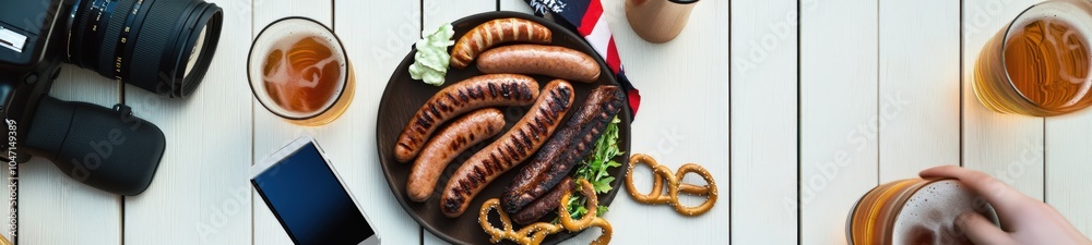 Delicious grilled sausages and onion rings on a wooden table with beer and camera equipment Delicious grilled sausages and onion rings on a wooden table with beer and camera equipment