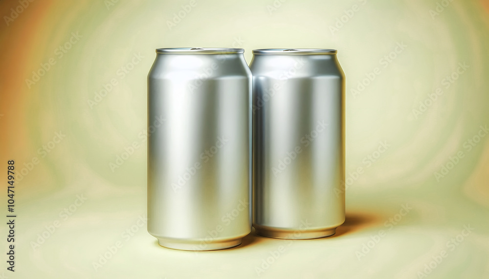 features two identical silver aluminum cans on a beige background, with soft, diffused lighting and a metallic sheen, positioned in the center. features two identical silver aluminum cans on a beige background, with soft, diffused lighting and a metallic sheen, positioned in the center.