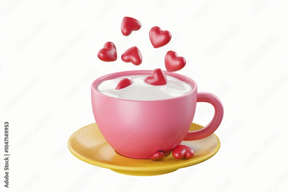 Fototapeta premium A pink cup filled with white liquid and red hearts floating above it.