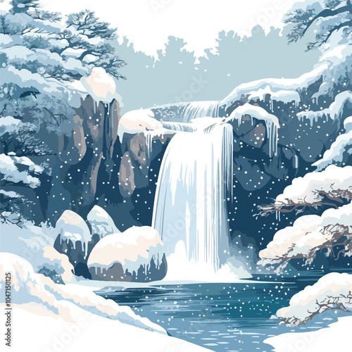 Serene Japan Winter Waterfall Scenery in Ukiyo-e Style