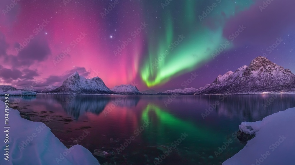 Northern Lights Reflecting on a Still Lake in a Mountainous Landscape Northern Lights Reflecting on a Still Lake in a Mountainous Landscape