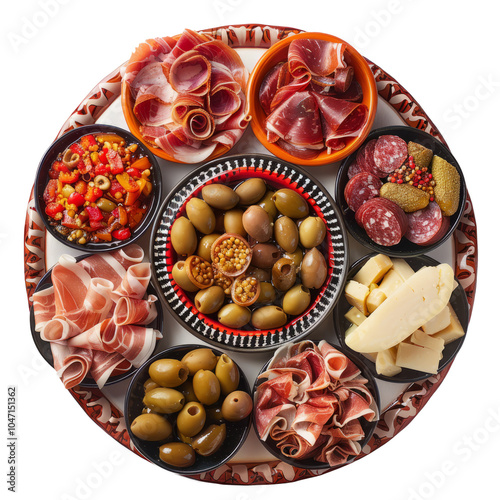 Traditional Spanish tapas platters with jamón, olives, and cheeses, top view, served on a holiday table photo