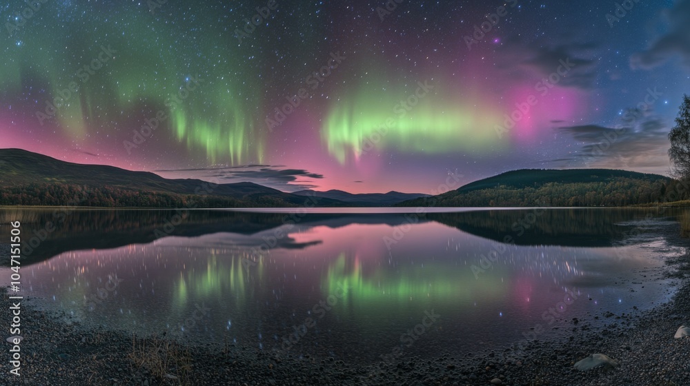 Northern Lights Reflected in a Calm Lake with Starry Sky Northern Lights Reflected in a Calm Lake with Starry Sky