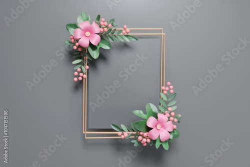 A gold frame adorned with pink flowers and green leaves against a gray background. photo