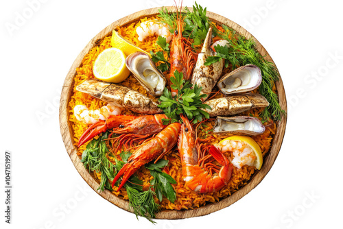 Top view of a festive paella dish with seafood and saffron rice, garnished with lemon wedges and parsley, holiday vibes photo