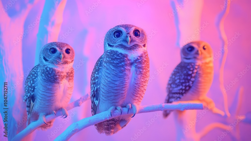 Owls Perched on Branches in Colorful Zoo Setting Owls Perched on Branches in Colorful Zoo Setting