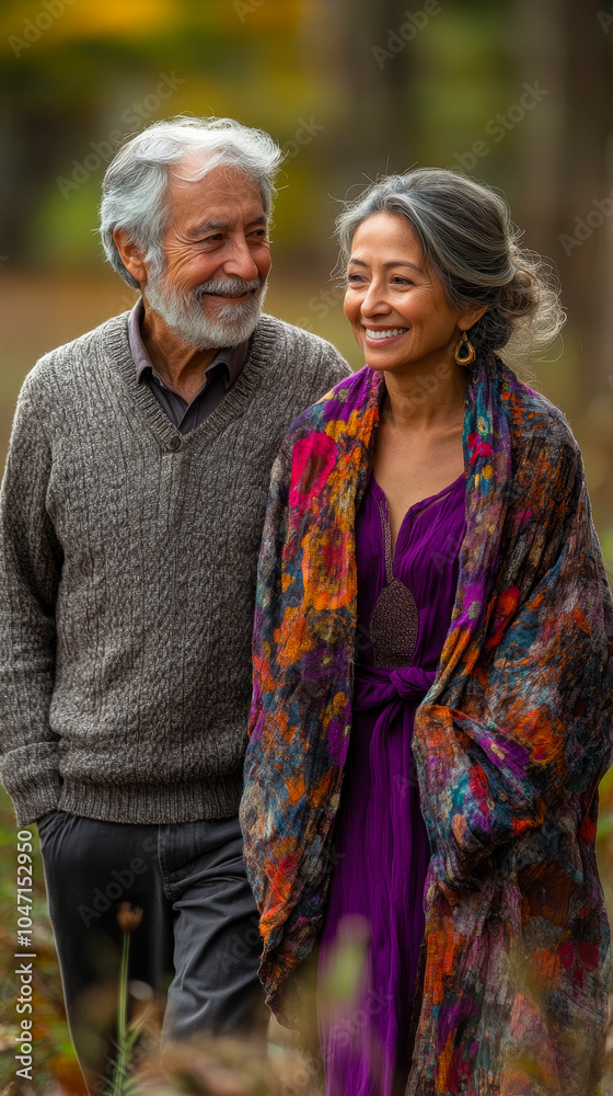 Naklejka premium Joyful Elderly Couple Walking in Morning Forest: Purple Dress and Gray Sweater Harmony