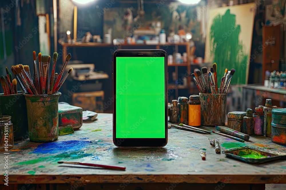 Smartphone with green screen on a cluttered artist’s desk with brushes and paints Smartphone with green screen on a cluttered artist’s desk with brushes and paints