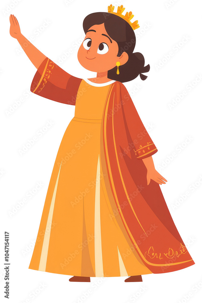 Esther standing in royal robes, hand raised in plea,, white background. Esther standing in royal robes, hand raised in plea,, white background.