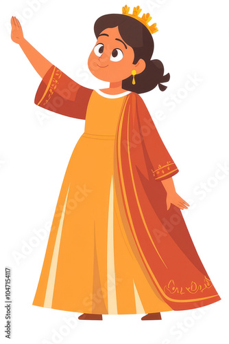 Esther standing in royal robes, hand raised in plea,, white background. photo