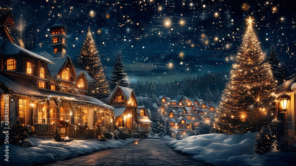 Christmas Harmony in a Magical Winter Village with Festive Wonder, Glittering Trees, and Cozy Lights, Where Unique Details Enhance the Holiday Landscape and Spark Imagination Christmas Harmony in a Magical Winter Village with Festive Wonder, Glittering Trees, and Cozy Lights, Where Unique Details Enhance the Holiday Landscape and Spark Imagination