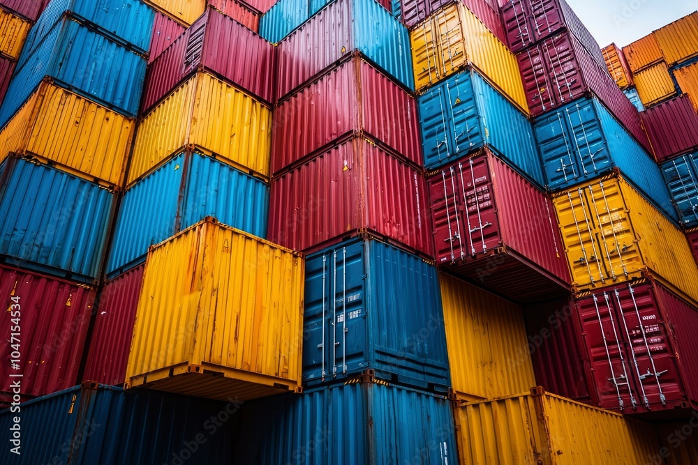 Fototapeta premium Stacked Colorful Shipping Containers in a Storage Yard
