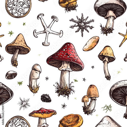 Enigmatic Magic Mushrooms with Intriguing Occult Symbols Seamless Pattern