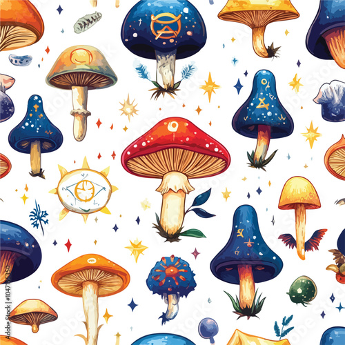 Enigmatic Magic Mushrooms with Intriguing Occult Symbols Seamless Pattern