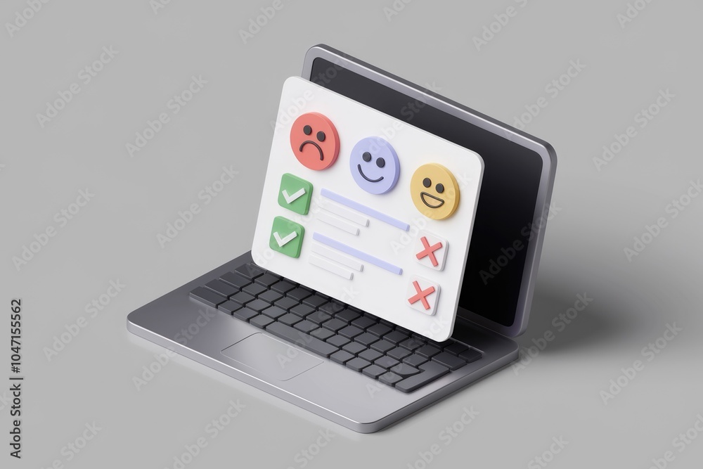 A laptop displaying a feedback form with smiley faces and checkmarks. A laptop displaying a feedback form with smiley faces and checkmarks.