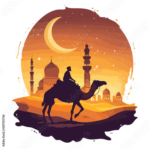 Silhouetted man riding camel in desert night with mosque background