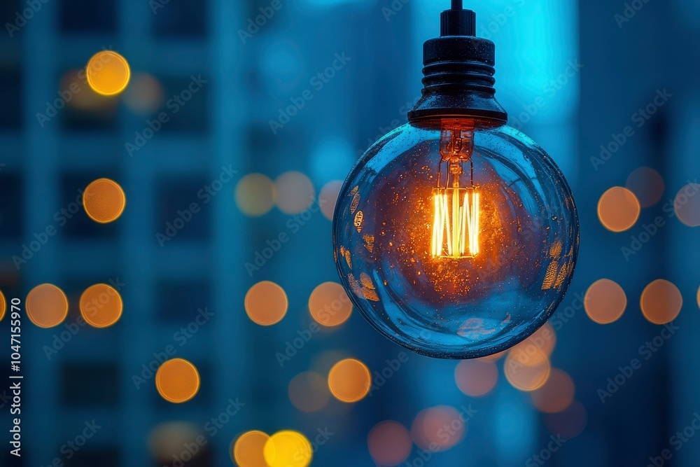 A Glowing Light Bulb Hanging Against a Blurry Background of City Lights A Glowing Light Bulb Hanging Against a Blurry Background of City Lights