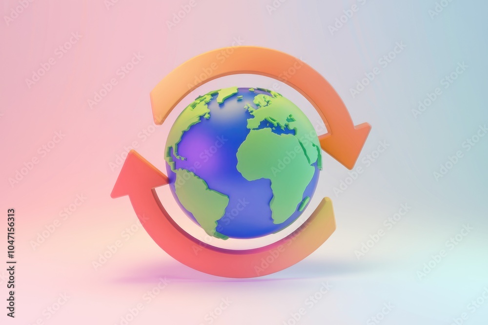 3D globe with orange arrows symbolizing global circulation or sustainability. 3D globe with orange arrows symbolizing global circulation or sustainability.